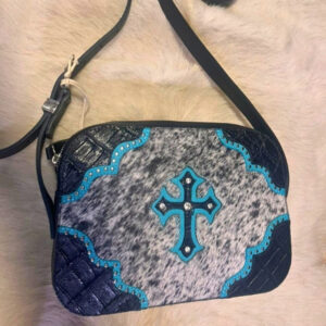BOLSA COURO PELO PRETO CRUZ TURQUESA